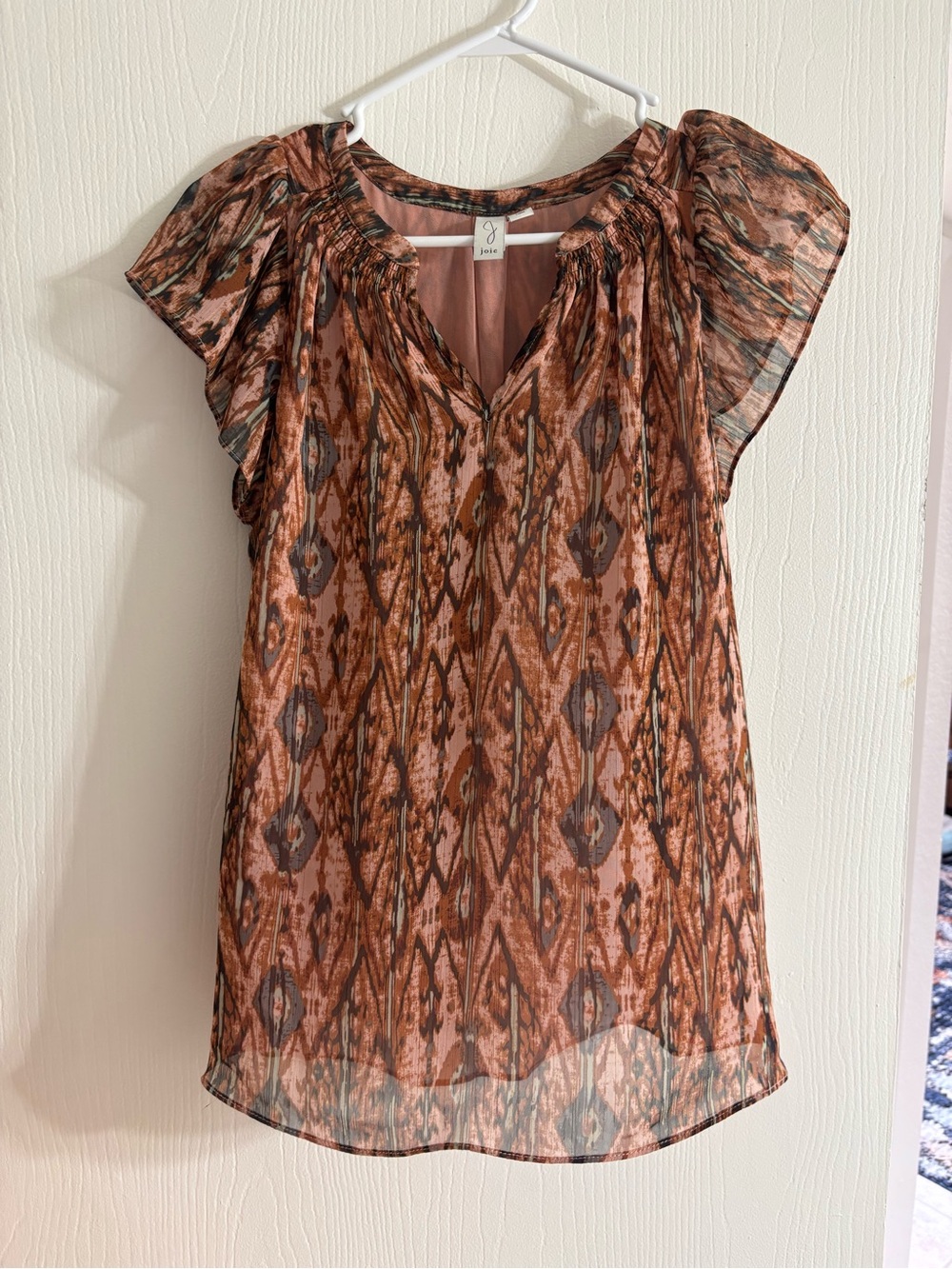 Joie Burnt Orange Patterned Flutter-Sleeve Blouse